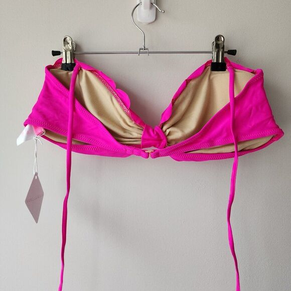 Vanilla Beach Scalloped Bikini Swim Top | Hot Pink Halter Tie Neck Ruched NWT - Picture 4 of 9